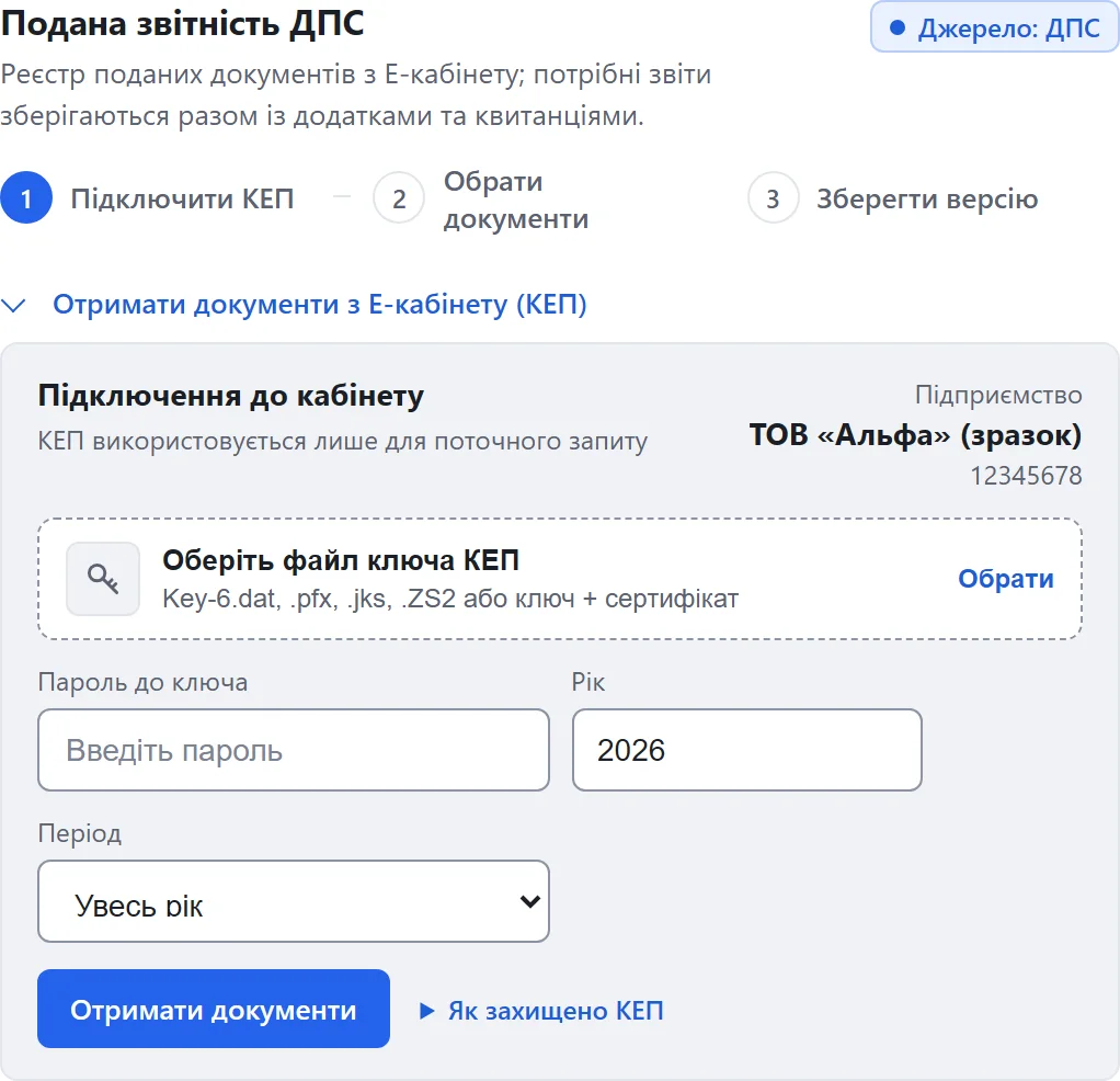 Картка «Подана звітність ДПС»: поле «Оберіть файл ключа КЕП (Key-6.dat, .pfx, .jks, .ZS2)», пароль, рік і кнопка «Отримати документи»