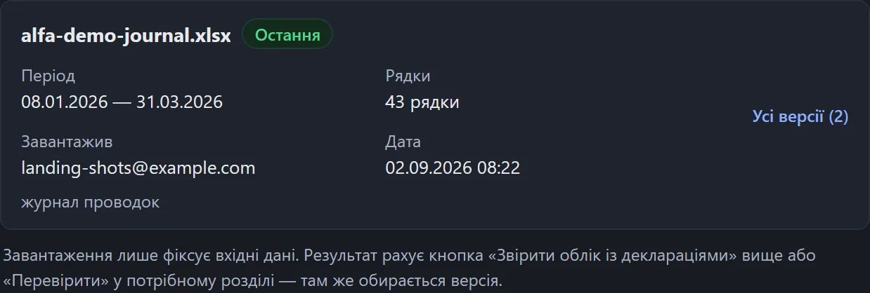 Картка «Версії обліку»: файл, період, кількість рядків, хто і коли завантажив