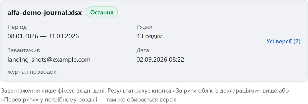 Картка «Версії обліку»: файл, період, кількість рядків, хто і коли завантажив